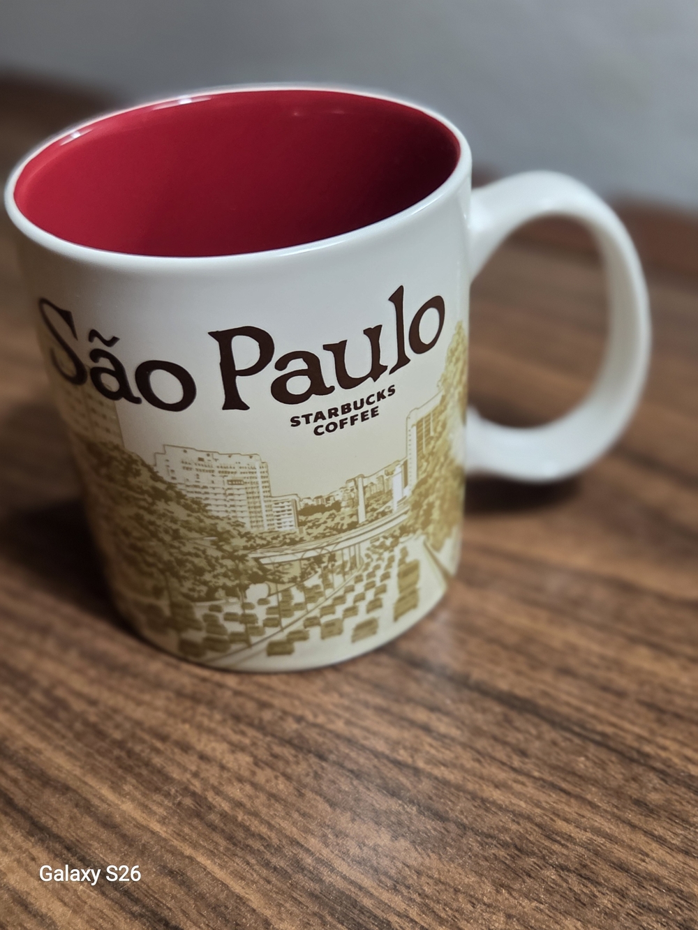 Starbucks White Mug with Red Interior and Gold Cityscape - São Paulo